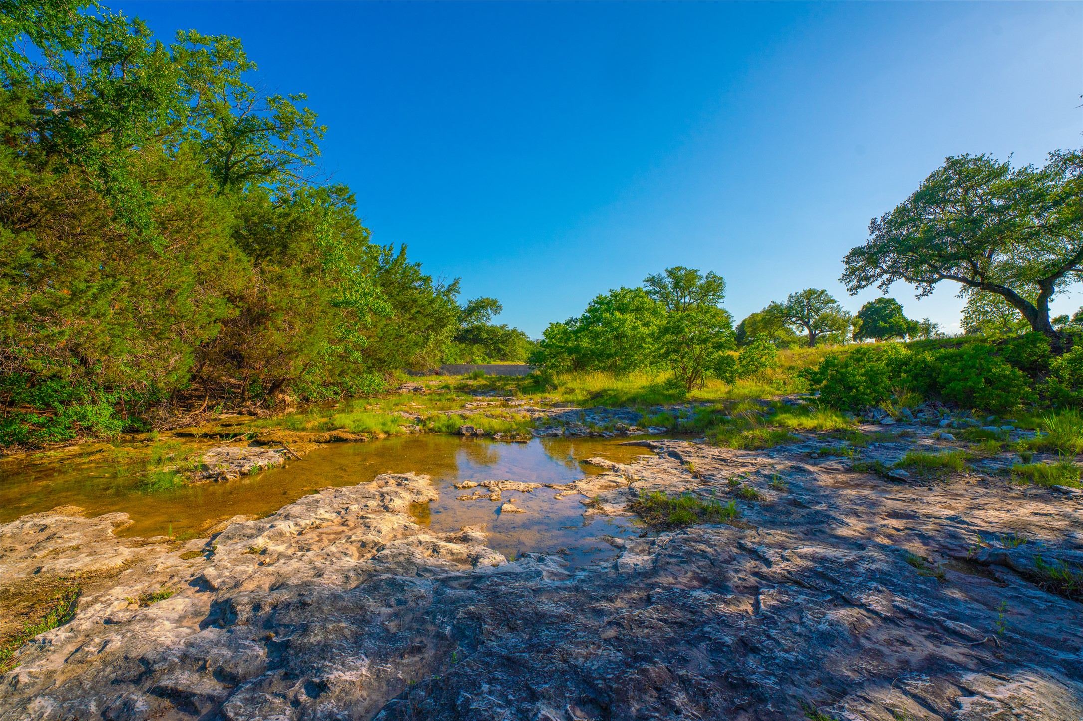 0 Creekside Ranch Johnson City, TX 78636 - Photo 4 of 14 A natural stream meanders through a rocky landscape, bordered by abundant green trees and clear blue skies.