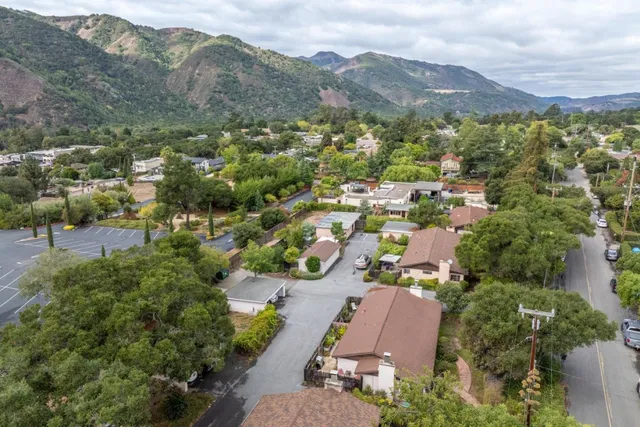 an aerial view of residential houses with outdoor space and trees