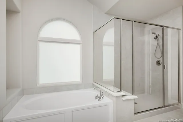 a bathroom with a bathtub and a shower