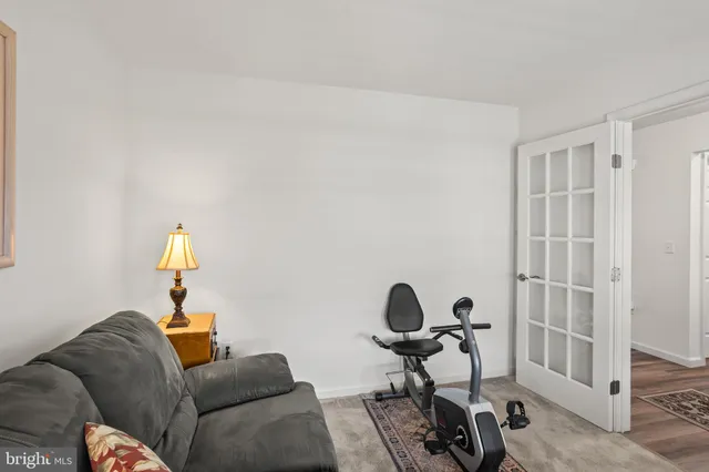 a living room with furniture a rug and a window