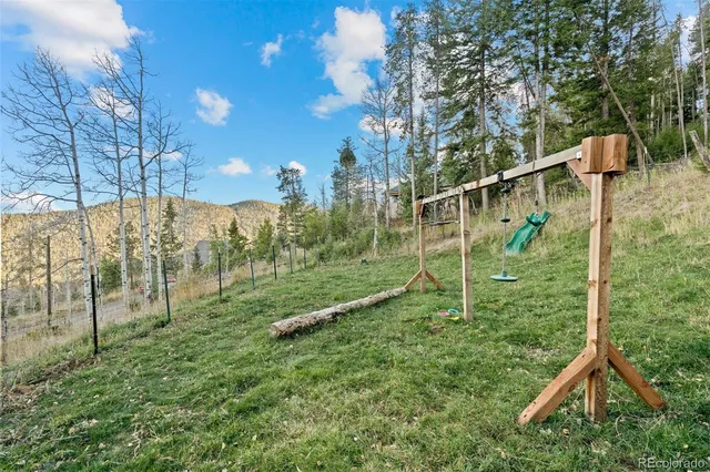 a view of a park with large trees