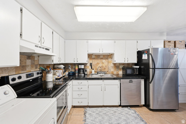 314 West Center Street, Unit F102 Bountiful, UT 84010 - Photo 14 of 29 Kitchen featuring white cabinetry, black countertops, stainless steel refrigerator, stainless steel dishwasher, and tiled backsplash