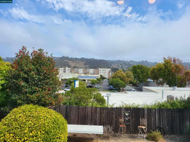 a view of a garden with a building in the background