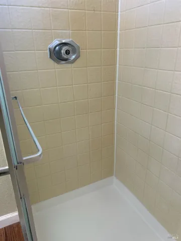 a bathroom with a shower and a sink