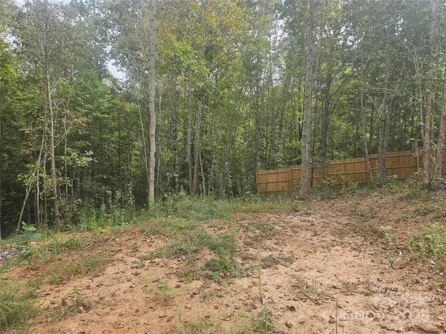 a view of a backyard with table and chairs potted plants and large tree