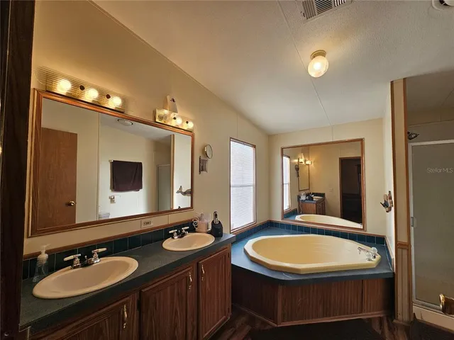 a bathroom with a sink double vanity and a mirror