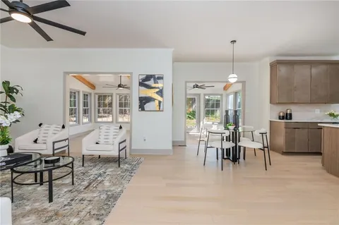 a view of a dining room with furniture