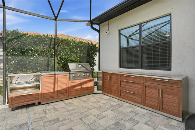 a building outdoor space with seating