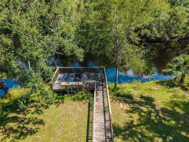 an aerial view of a house with swimming pool and large trees