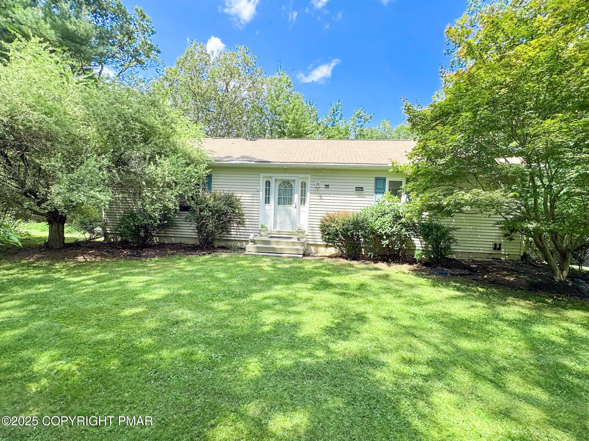 a backyard of a house with plants and large tree