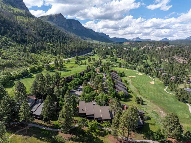 an aerial view of residential houses with outdoor space and trees