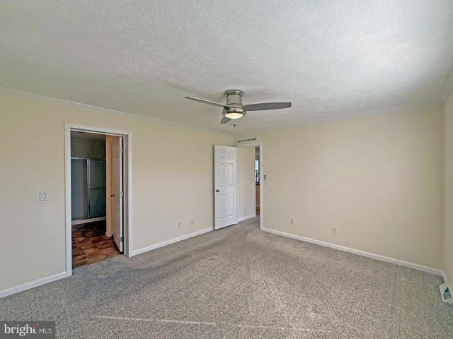 a view of a livingroom with a ceiling fan and window