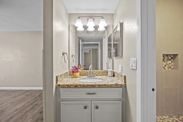 a bathroom with a sink and a mirror