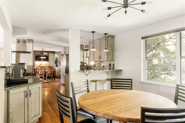 a view of a dining room with furniture