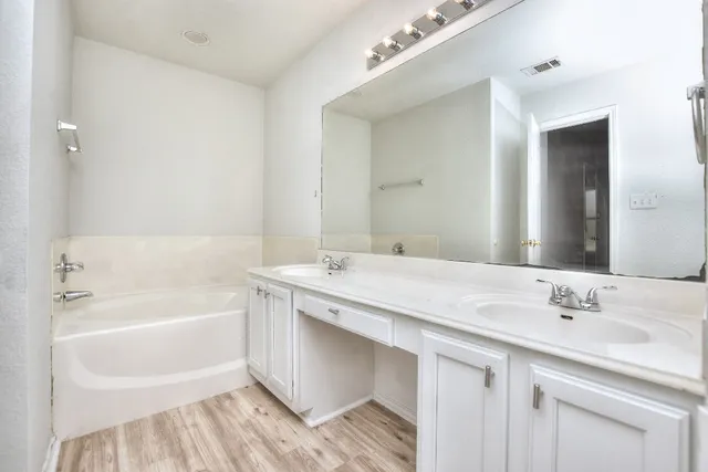 a bathroom with a tub sink and mirror