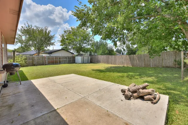 a view of a backyard with a garden and trees