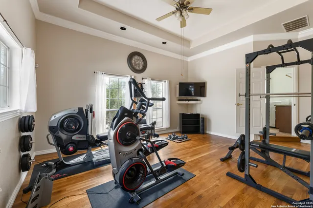 a view of a room with gym equipment