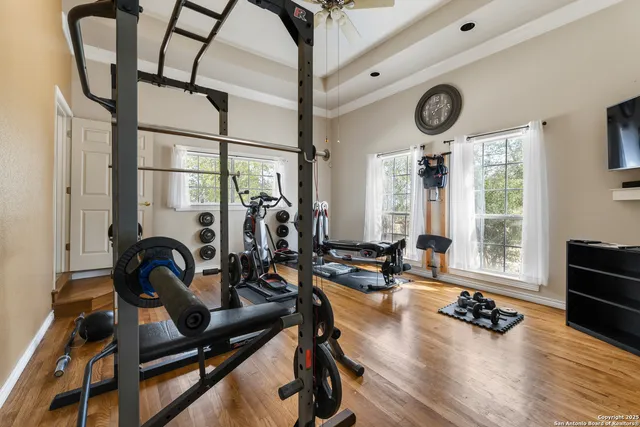 a view of a room with gym equipment