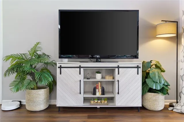 a living room with furniture and a potted plant