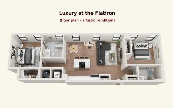 a view of a kitchen with furniture and floor to ceiling window