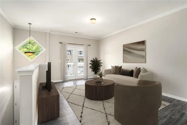 a living room with furniture a lamp and a window