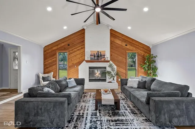 a living room with furniture and a fireplace