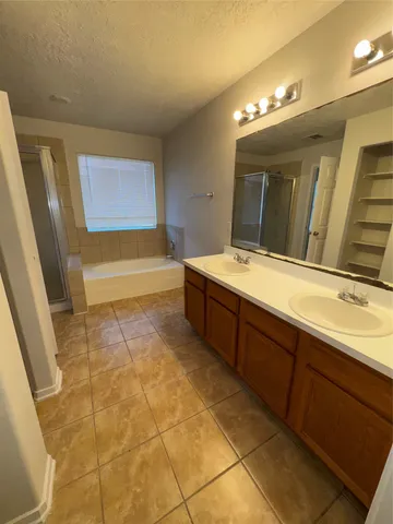 a bathroom with a sink a large mirror and a bathtub