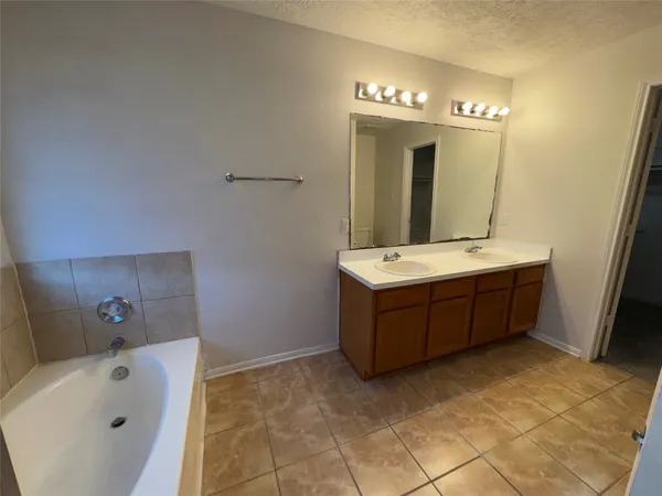 a bathroom with a tub sink and mirror