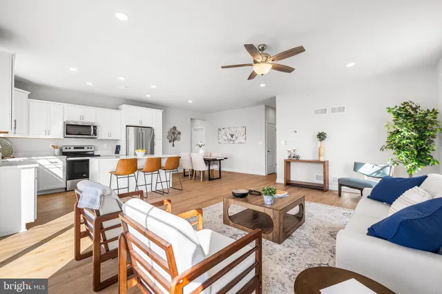 a living room with furniture kitchen view and a potted plant