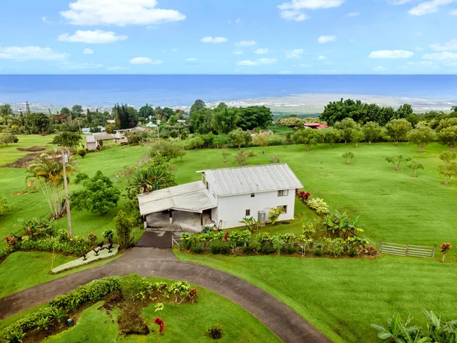 an aerial view of a house with a garden