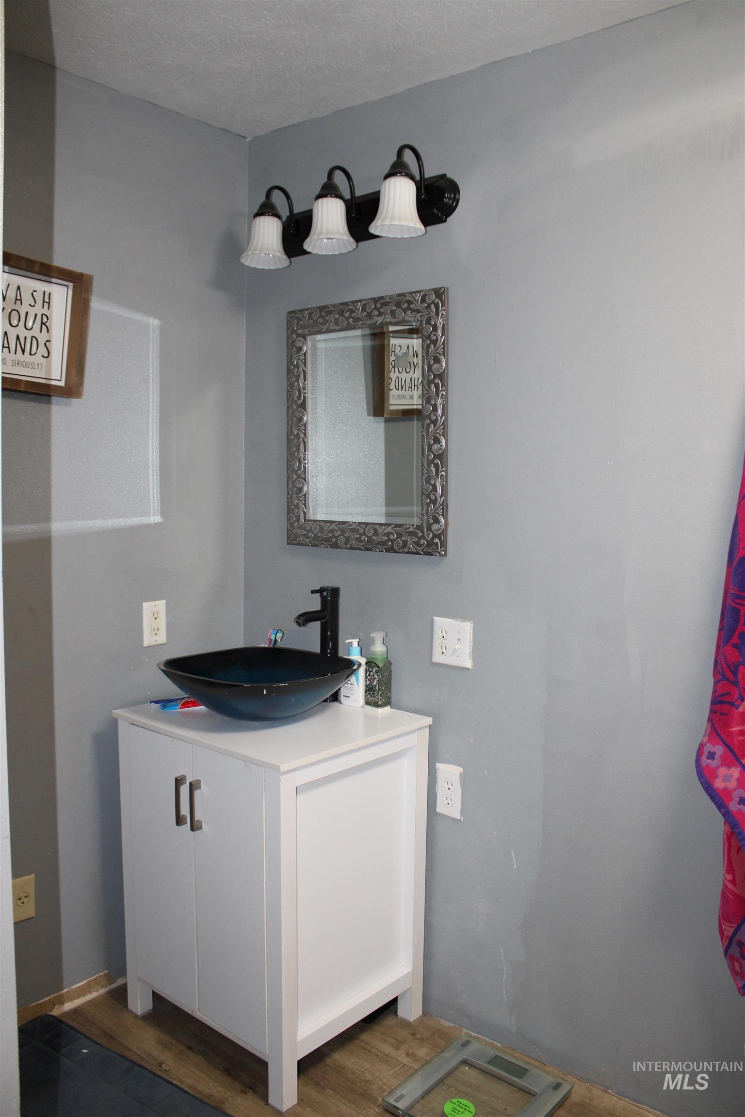 106 3rd Street West Declo, ID 83323 - Photo 14 of 23 Bathroom featuring vanity, wood finished floors, and a textured ceiling