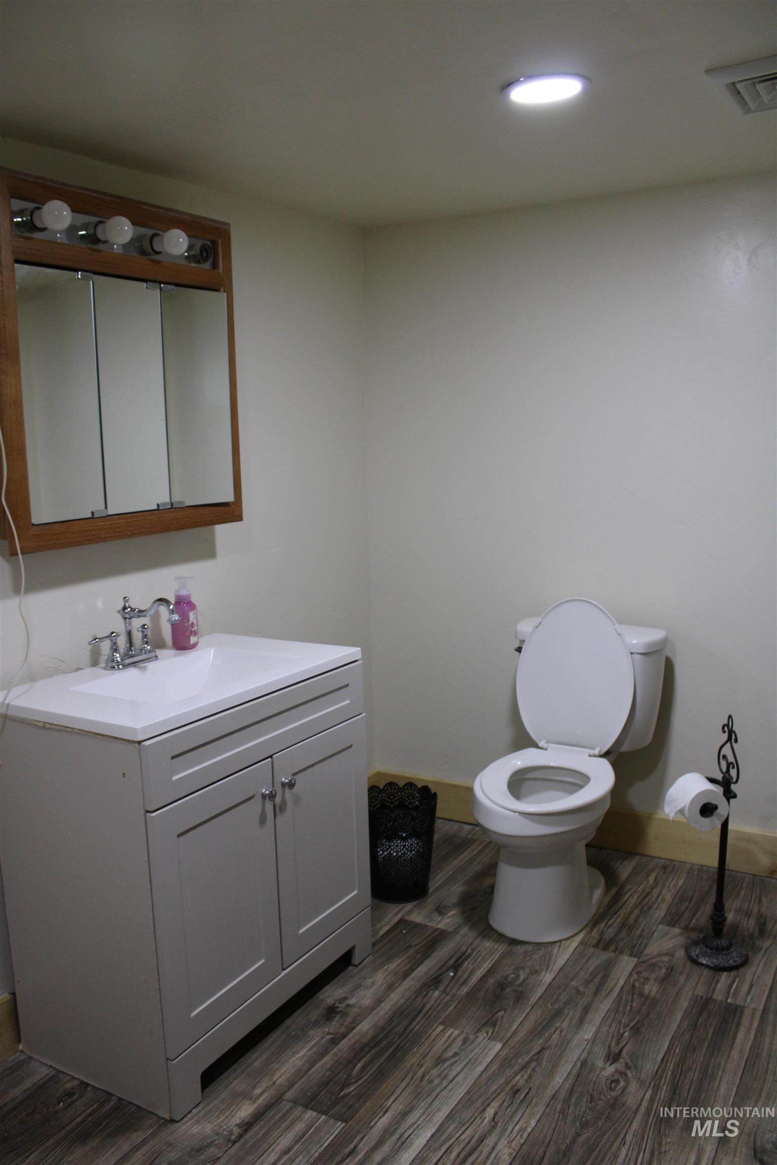 106 3rd Street West Declo, ID 83323 - Photo 17 of 23 Bathroom with vanity, wood finished floors, and recessed lighting