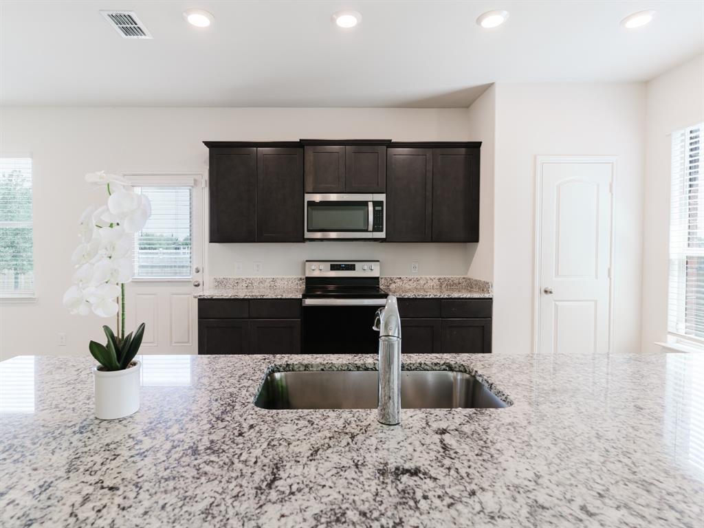 608 Aqueduct Drive Seagoville, TX 75159 - Photo 3 of 20 a kitchen with granite countertop a stove a microwave a sink a counter space and cabinets