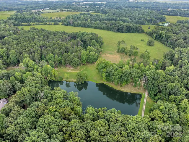 an aerial view of green landscape with trees houses and lake view