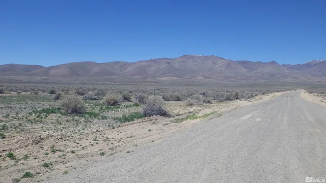 a view of a dry field with mountains in the background