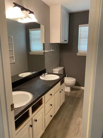 a bathroom with a granite countertop sink a toilet and a mirror