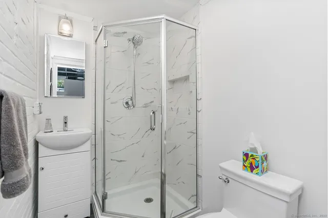 a bathroom with a shower a toilet and a sink