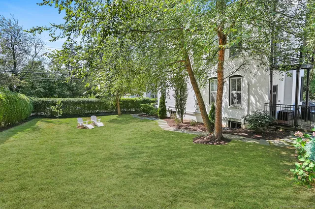 a view of a garden with a slide