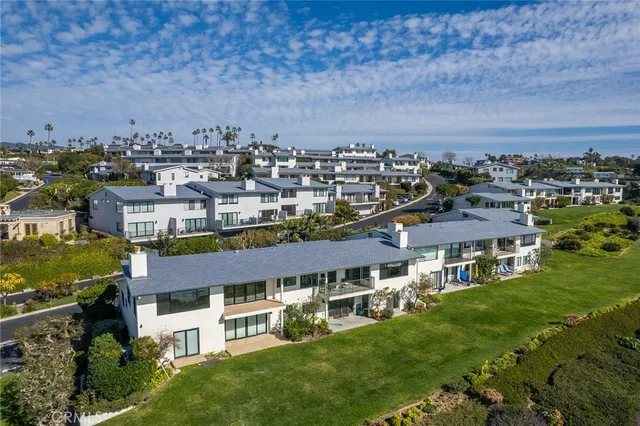an aerial view of residential houses with outdoor space and trees