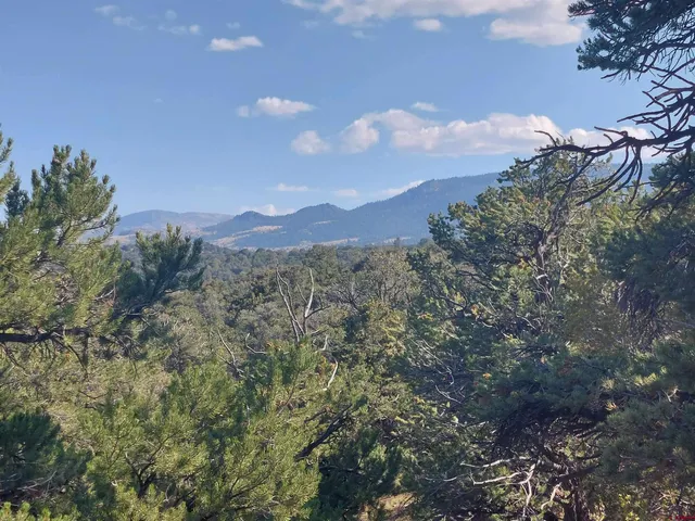 a view of a town with mountains in the background