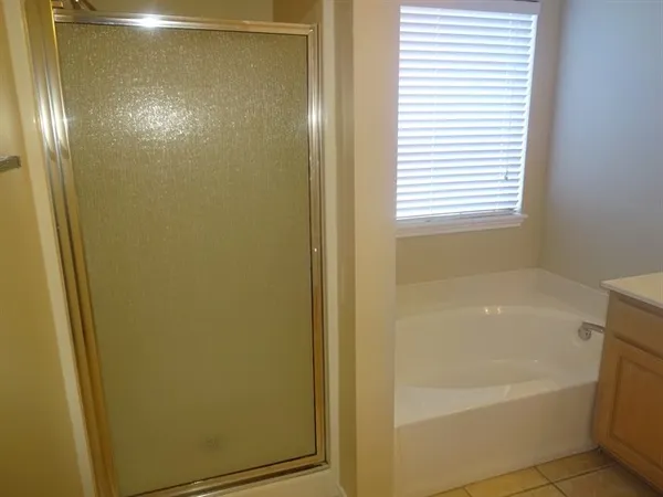a bathroom with a bathtub and a shower