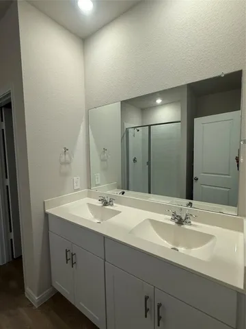 a bathroom with a sink and a mirror