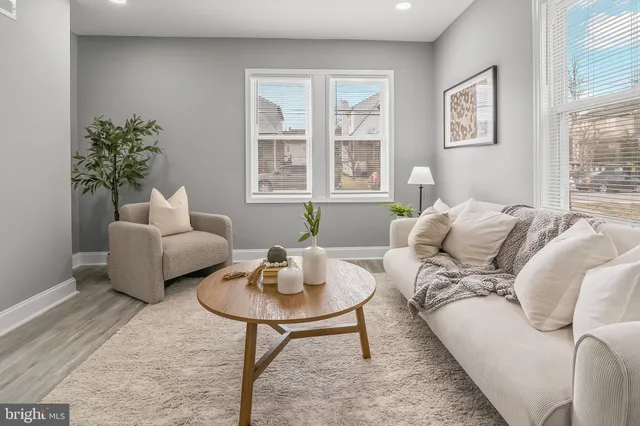 a living room with furniture and a potted plant