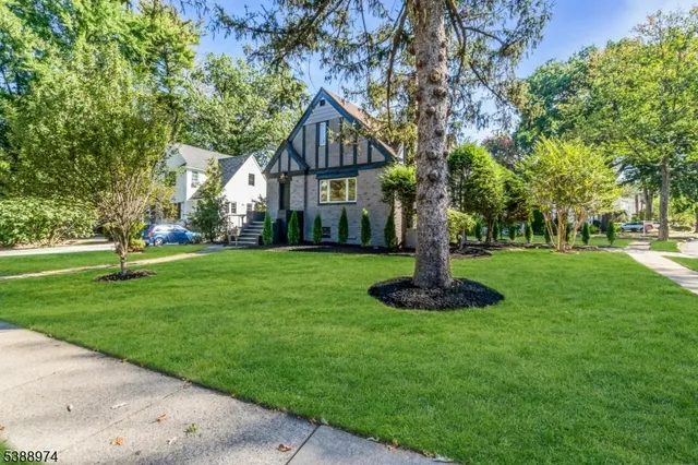 a front view of a house with a yard and tree