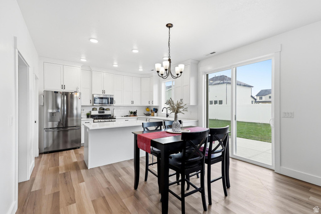 347 Ropelato Drive Logan, UT 84321 - Photo 9 of 46 Kitchen and dining area featuring wood-finish flooring, white cabinetry, stainless steel appliances, a center island with a white countertop, and a sliding glass door to the backyard patio
