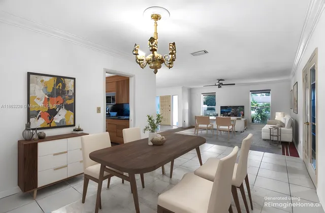 a view of a dining room with furniture and a chandelier