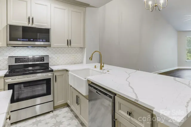 a kitchen with a sink stove and microwave