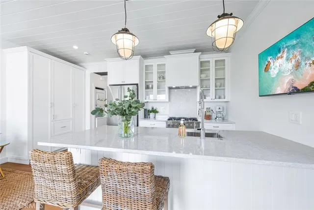 a view of a dining room with furniture