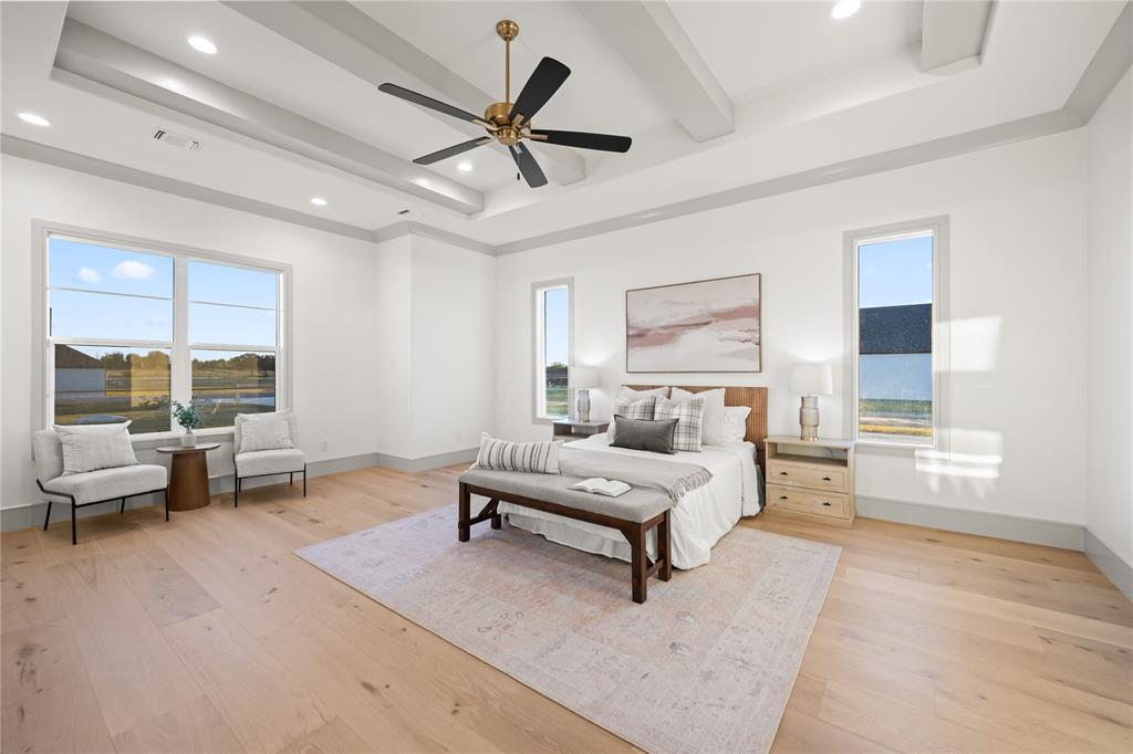 724 Cooper Trail Weatherford, TX 76087 - Photo 29 of 37 Spacious room featuring wood-finish flooring, a coffered ceiling with recessed lighting, and a modern ceiling fan
