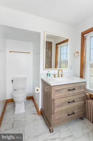 a bathroom with a sink toilet and mirror